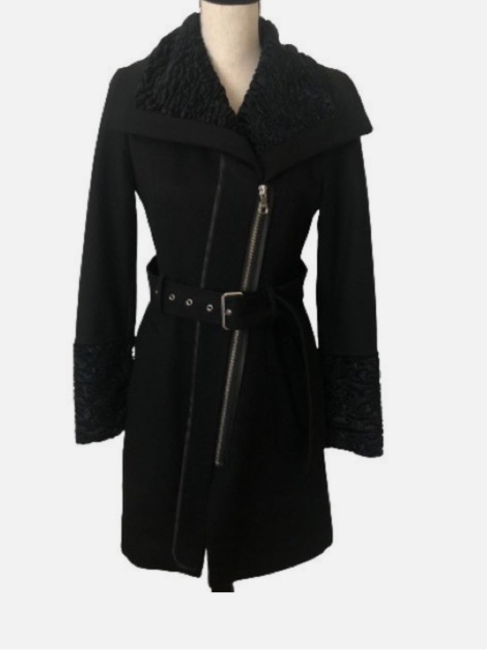 Guess Black Wool Blend Belted Coat Funnel Neck Asymmetrical Zip MEDIUM